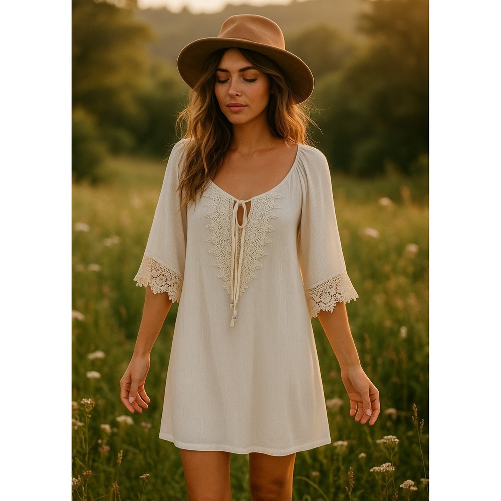 NAIF Cream Boho Lace-Trim Mini Dress